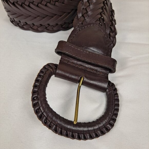 Coldwater Creek Size L/XL Wide Brown Leather Woven Belt Covered Buckle NWOT - Picture 2 of 9